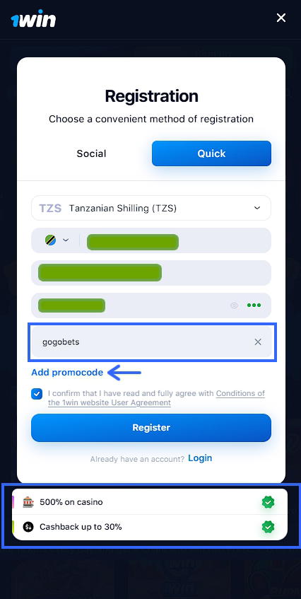 1win registration form