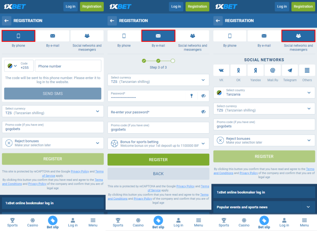 Registration in the 1xBet's mobile application