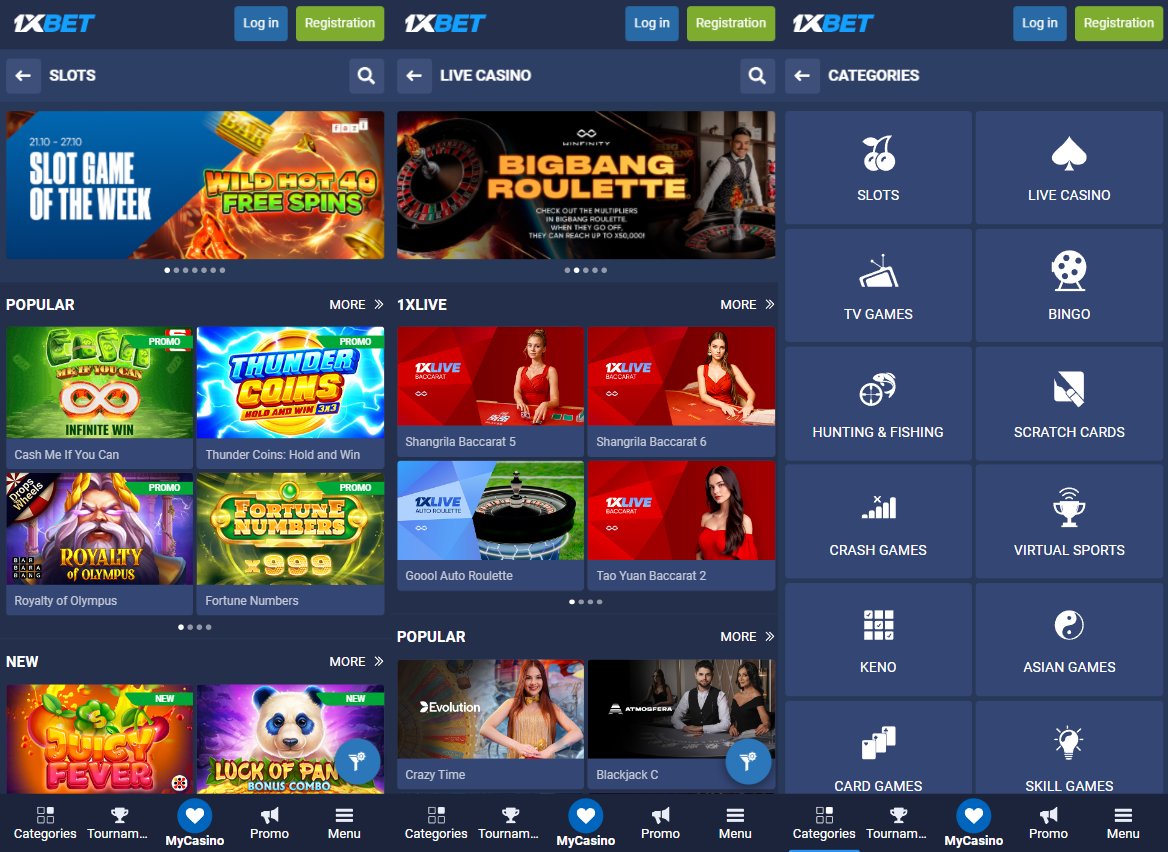 Casino in the 1xBet app on Android