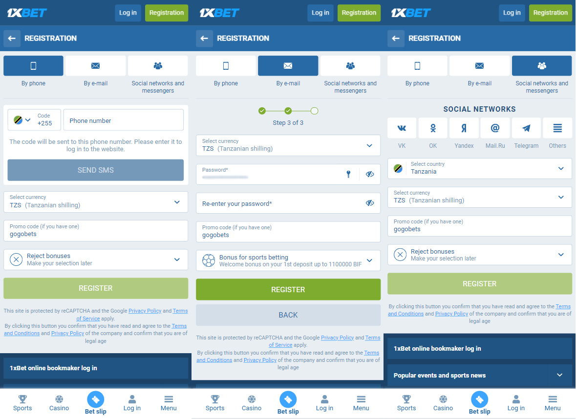 Registration on the bookmaker's website