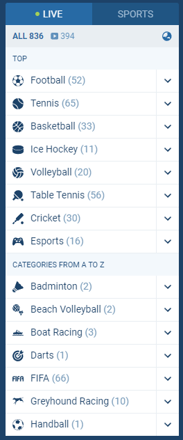 Sports menu