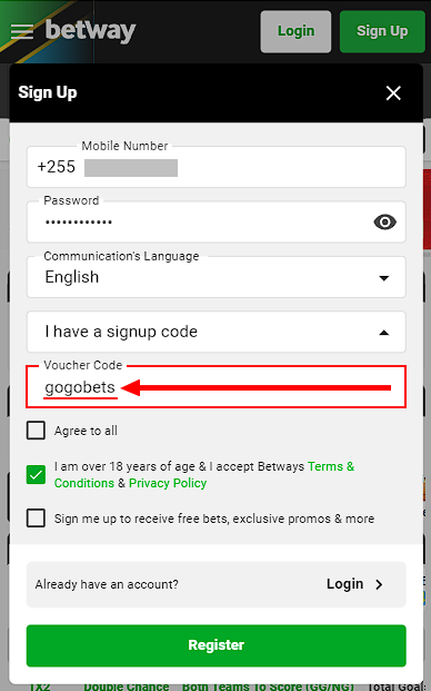 betway sign code