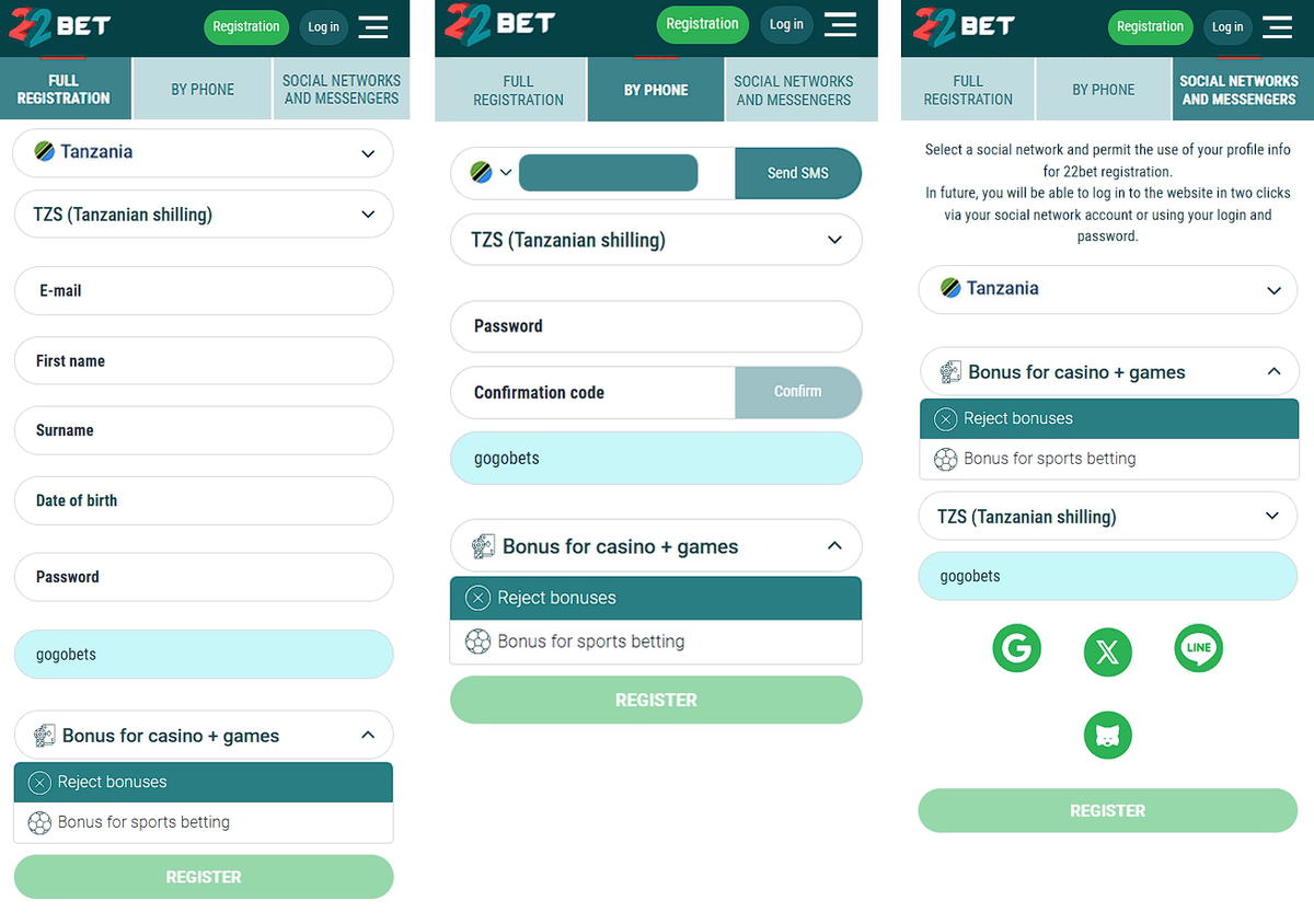 22bet registration process