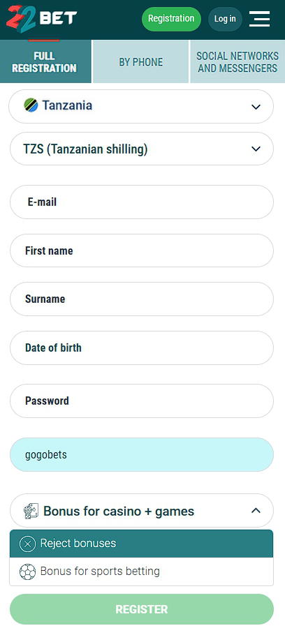 22bet full registration