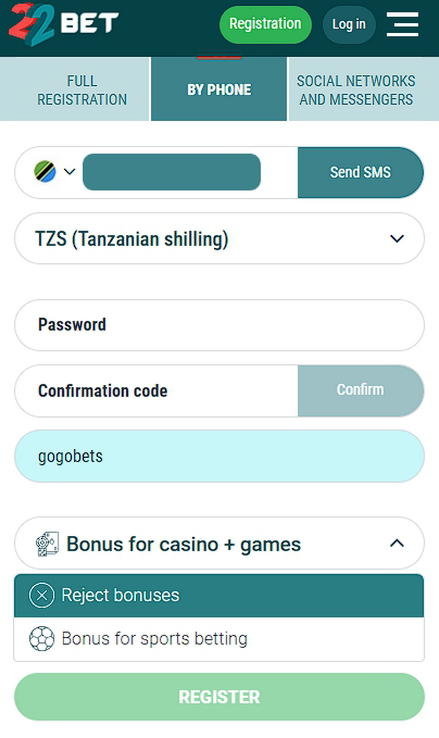 22bet registration by phone