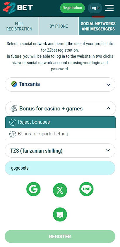 22bet registration with messengers