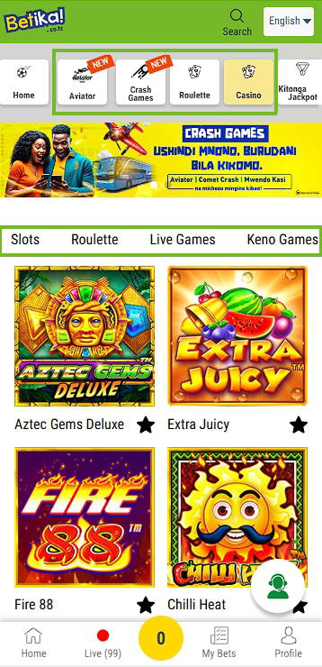 Betika Casino page