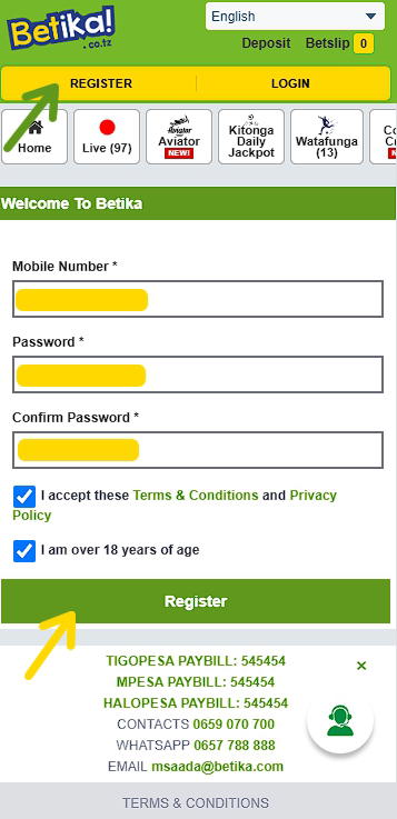 Betika registration page