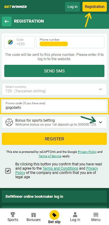 Betwinner registration in the app