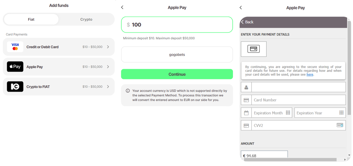 Algorithm for making a deposit using Apple Pay