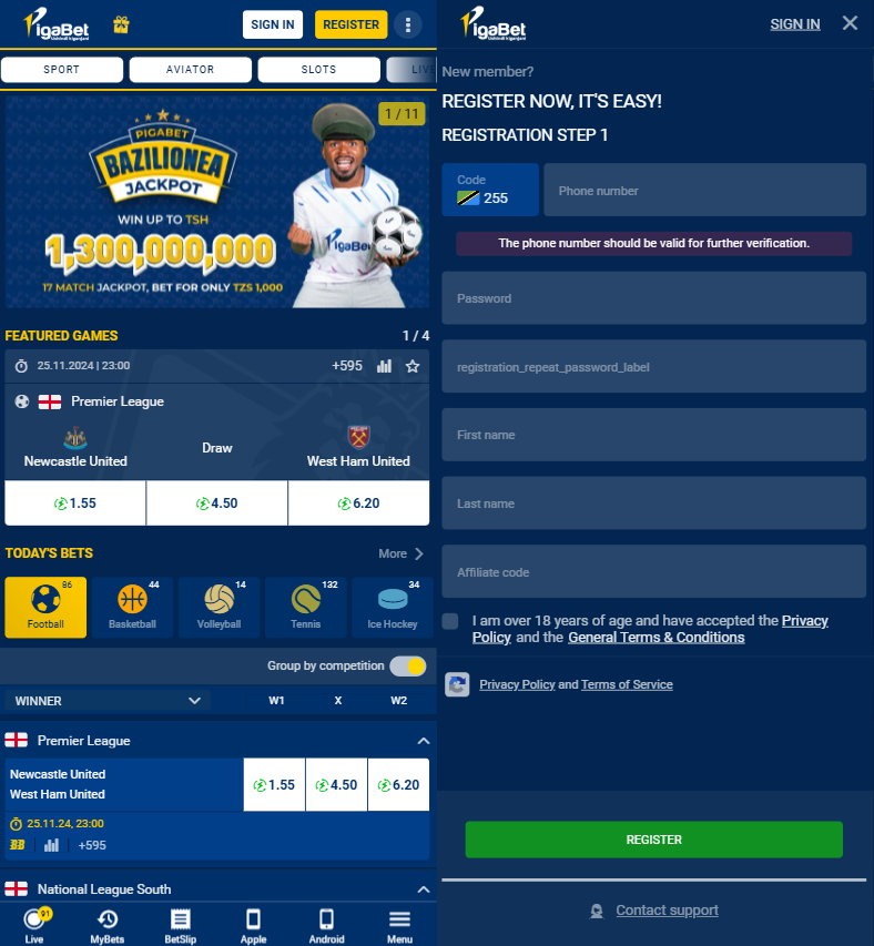 PigaBet register tz app