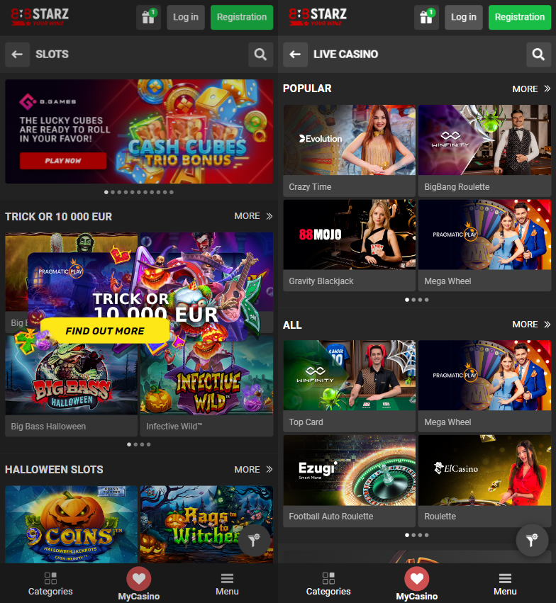 Casino experience in the 888Starz app