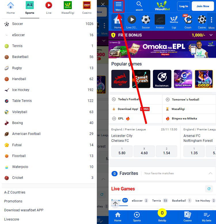 WasafiBet mobile version