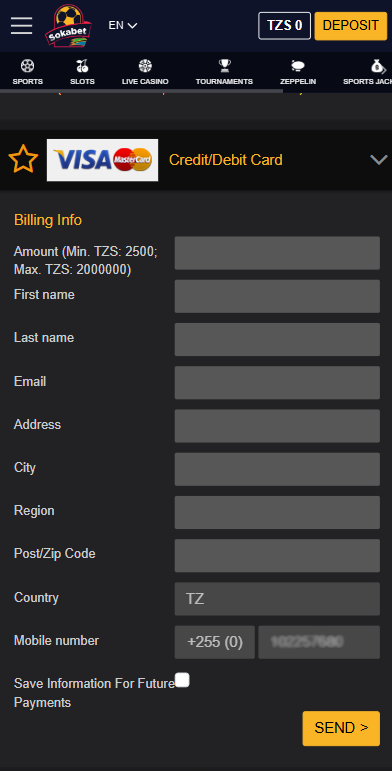 Sokabet Deposit with bank card